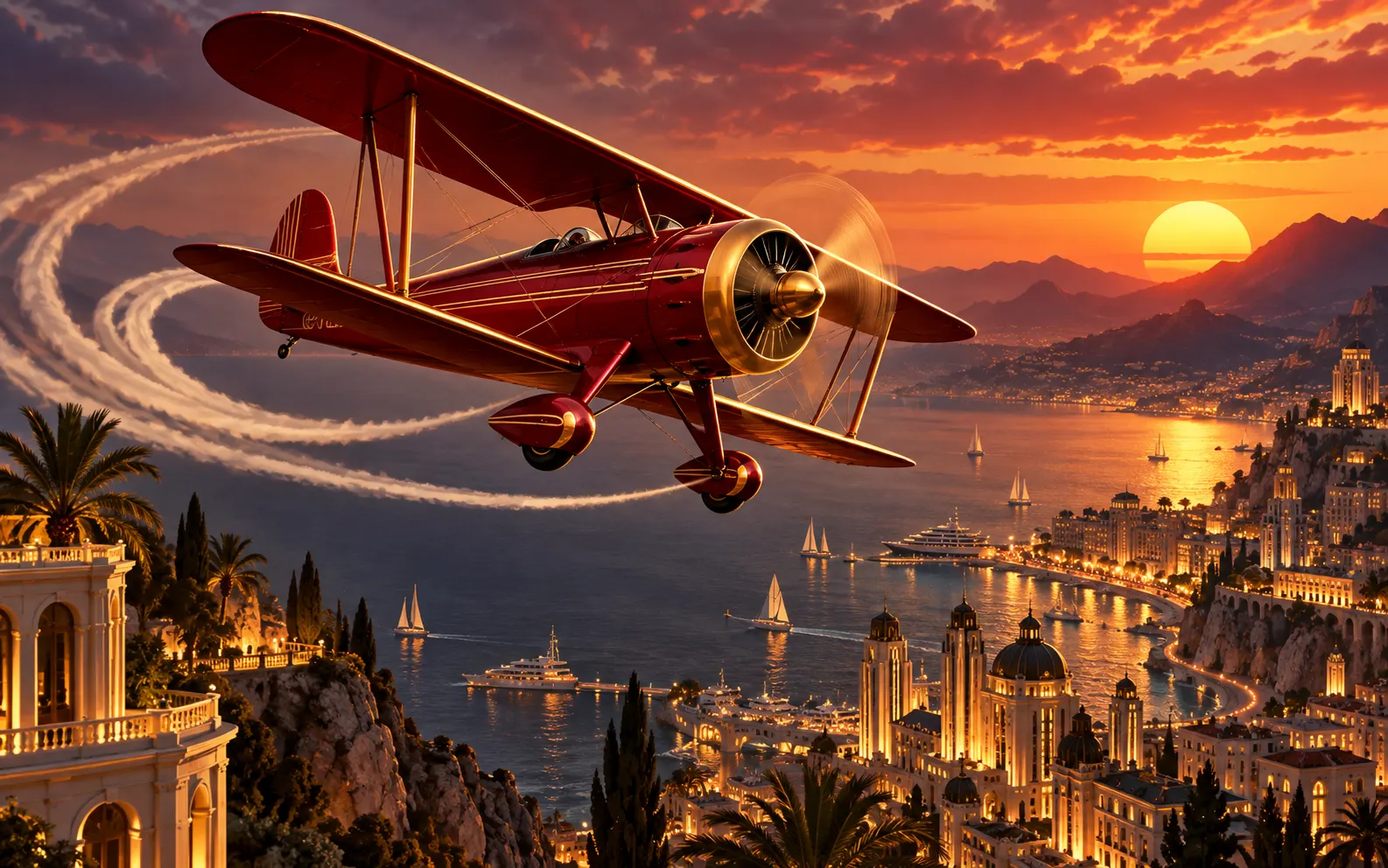 Red biplane above an Art Deco coastal city at sunset