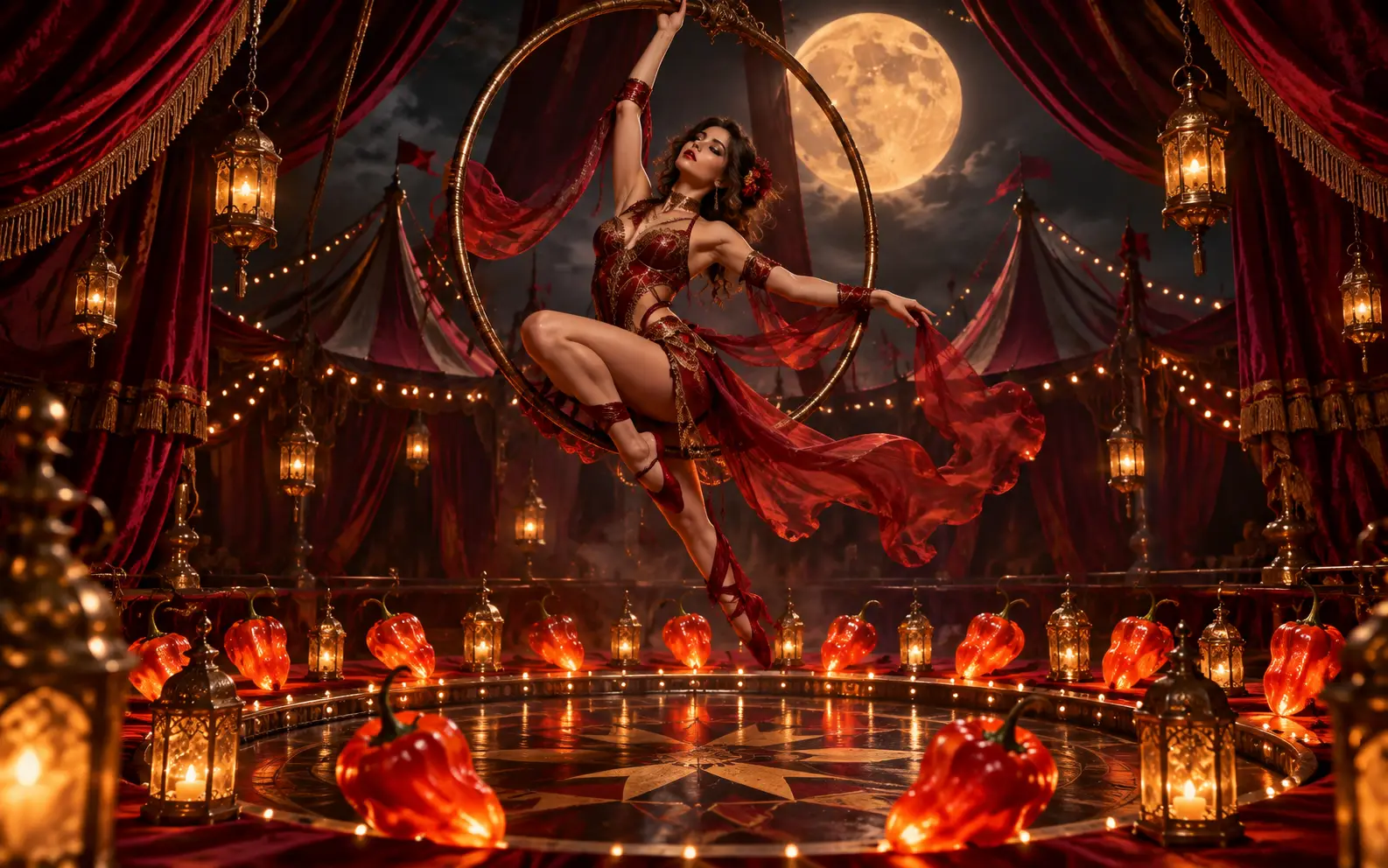 Crimson moonlit circus with an aerial performer and lanterns