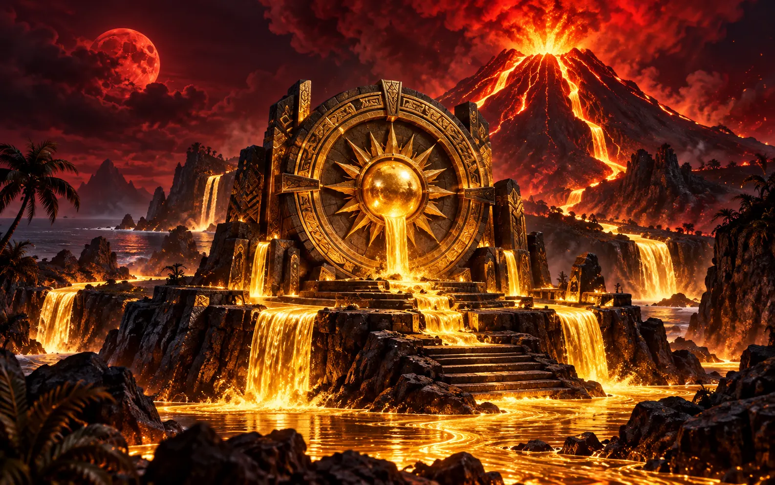 Volcanic island erupting molten gold around an ancient mechanism