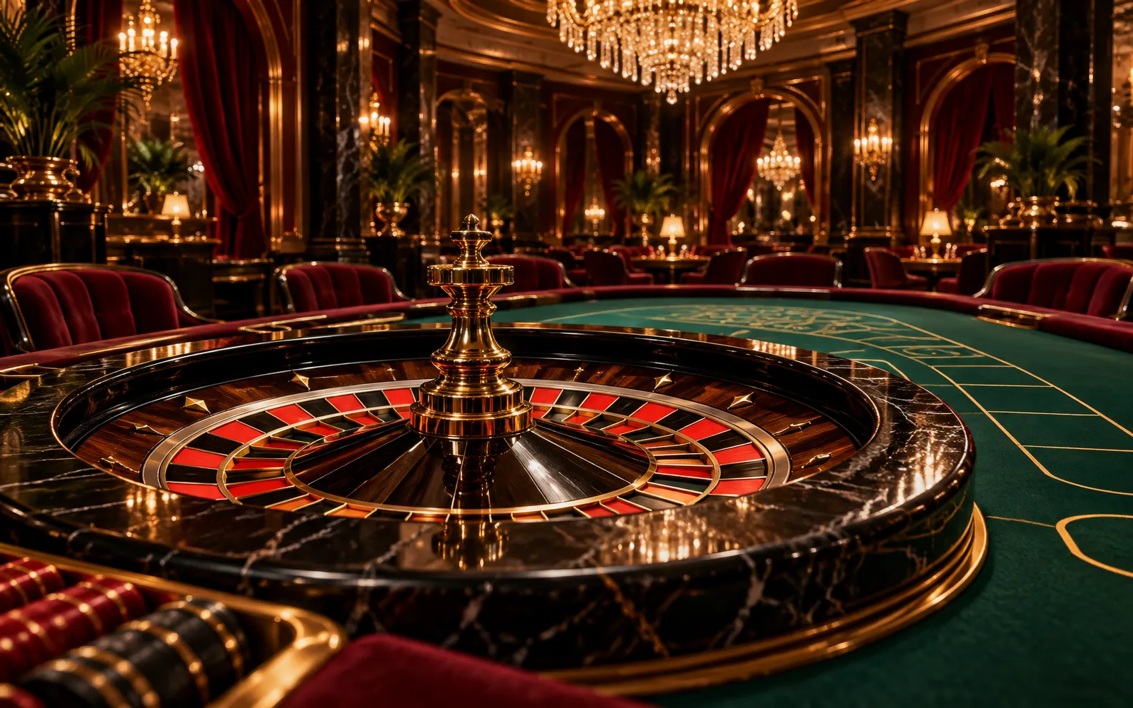 Empty luxury roulette salon with black marble wheel and emerald felt