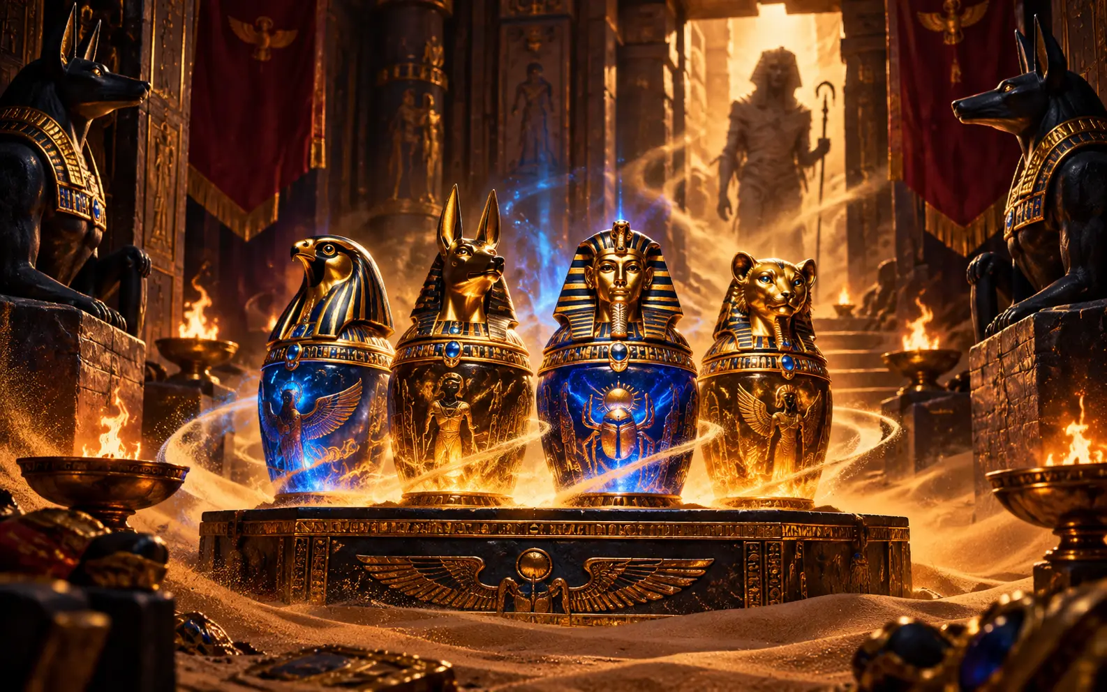 Ancient treasure chamber with four glowing ceremonial vessels