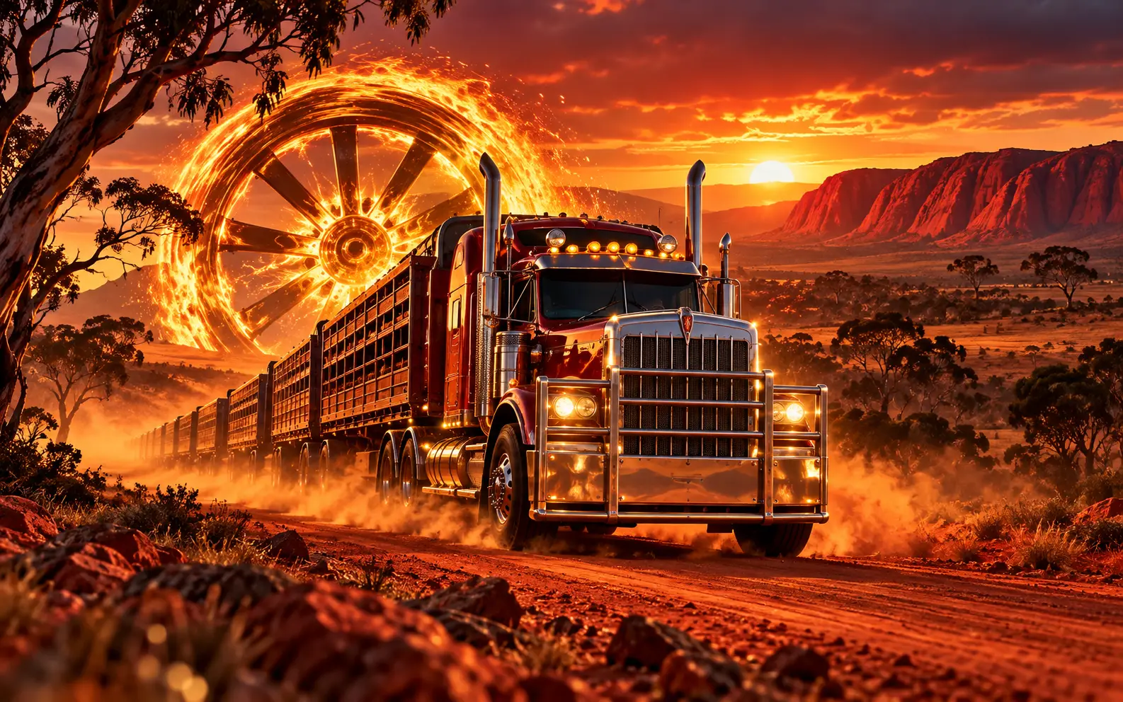 Australian outback road scene with heat haze and a glowing wheel motif