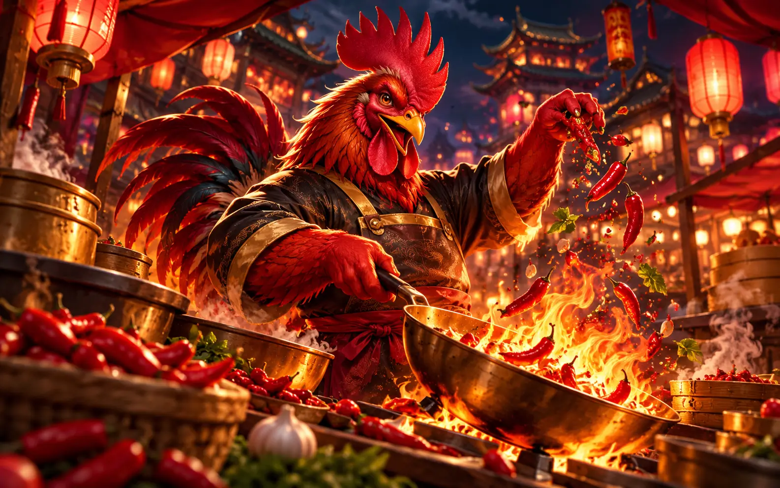 Crimson rooster chef in a cinematic chilli-lit night market