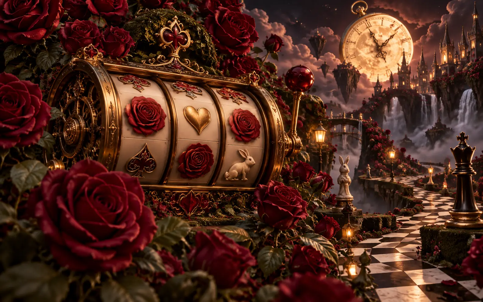 Clockwork Wonderland garden with antique reel and burgundy roses