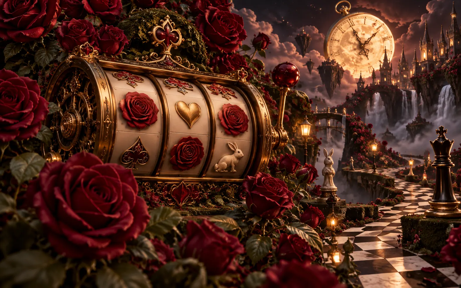 Clockwork Wonderland garden with antique reel and burgundy roses