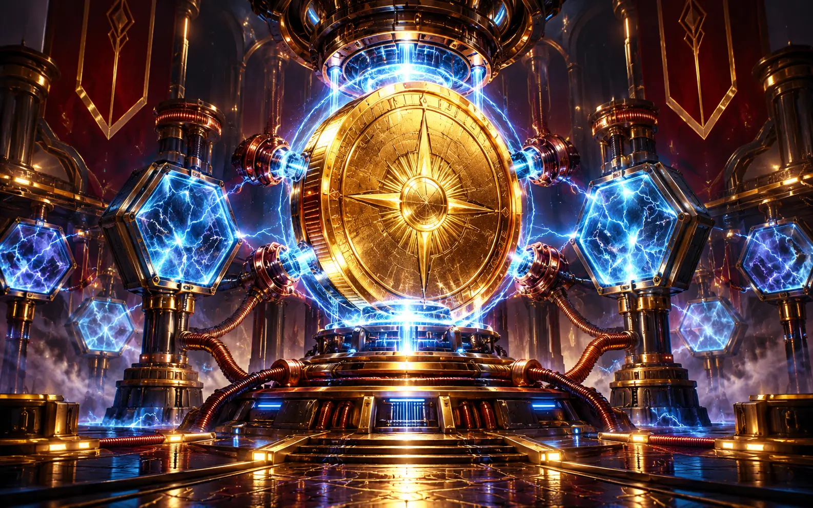 Electric gold reactor and charged hexagonal cells in a futuristic laboratory